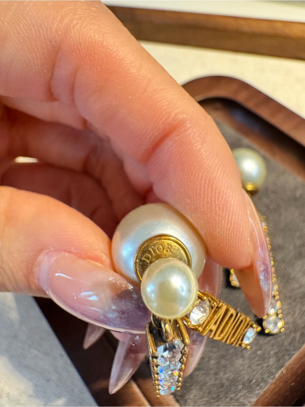 Dior Gold Pearl Drop Earrings with Crystal Strands - Picture 2 of 3